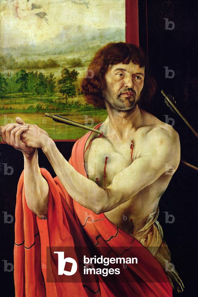 Particolare di San Sebastien e paesaggio dalla pala d'altare di Isenheim, ala interna, c. 1512-16, (olio su ta