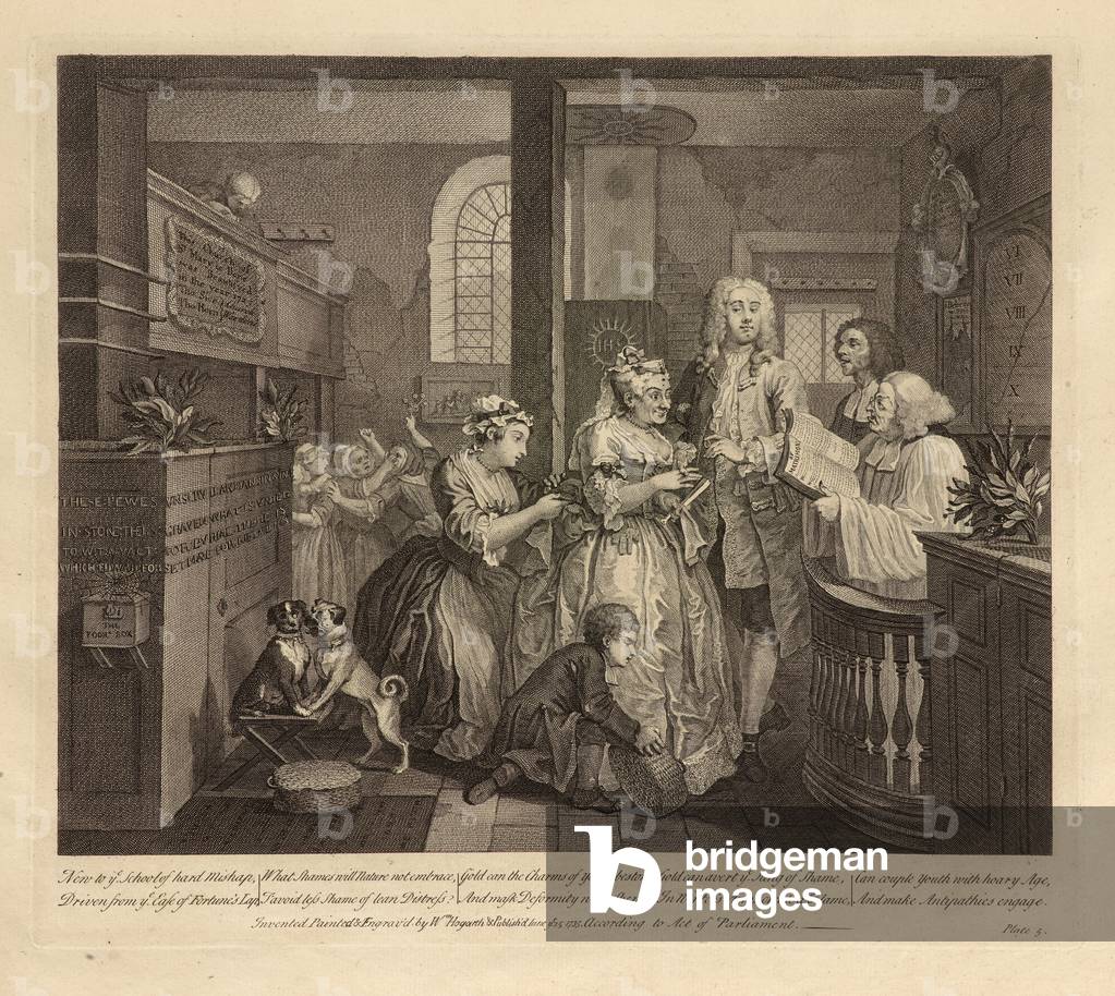 Image of Engraving depicting A Rakes Progress 1735 by William Hogarth, b/w