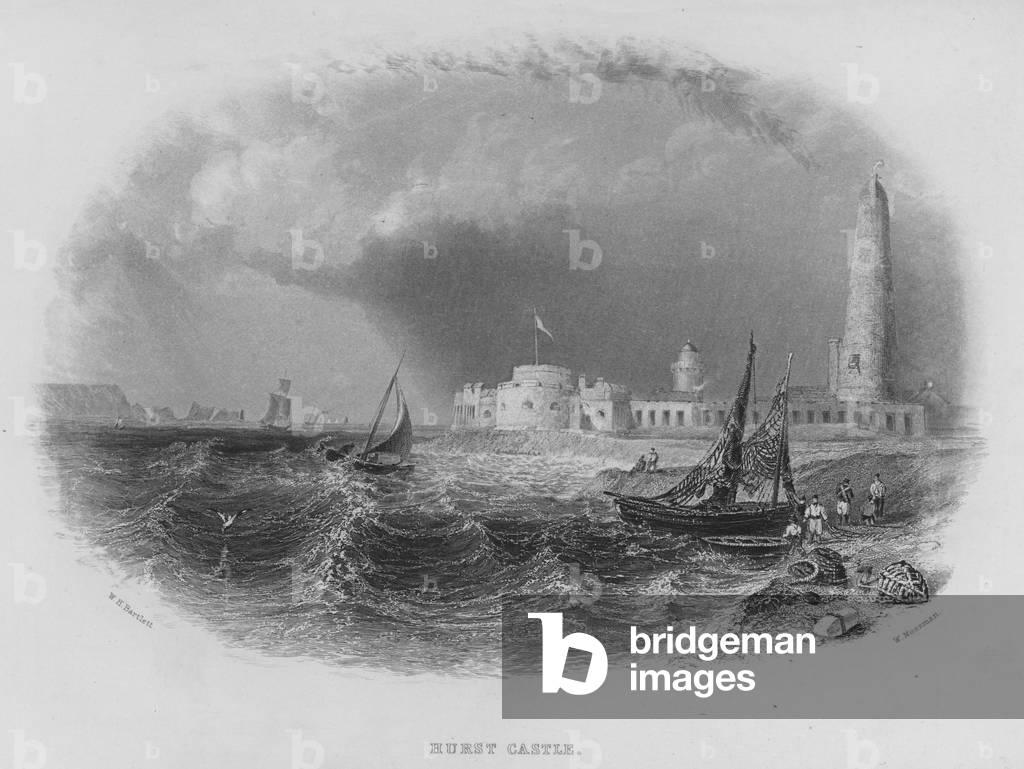 Hurst Castle (engraving) by William Henry Bartlett, b/w