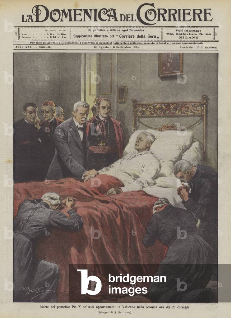 Morte del pontefice Pio X ne' suoi appartamenti in Vaticano nella seconda ora del 20 corrente (colour litho)