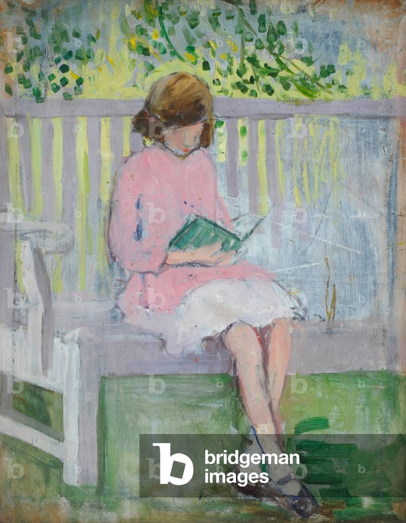 ragazza lettura olio su legno