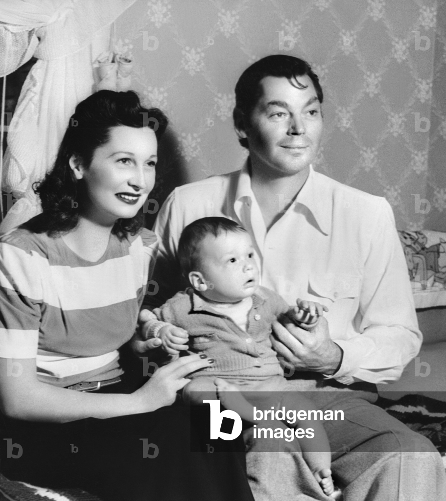 Johnny Weissmuller with wife Beryl Scott and son Johnny Jr, 1941 (b/w photo)