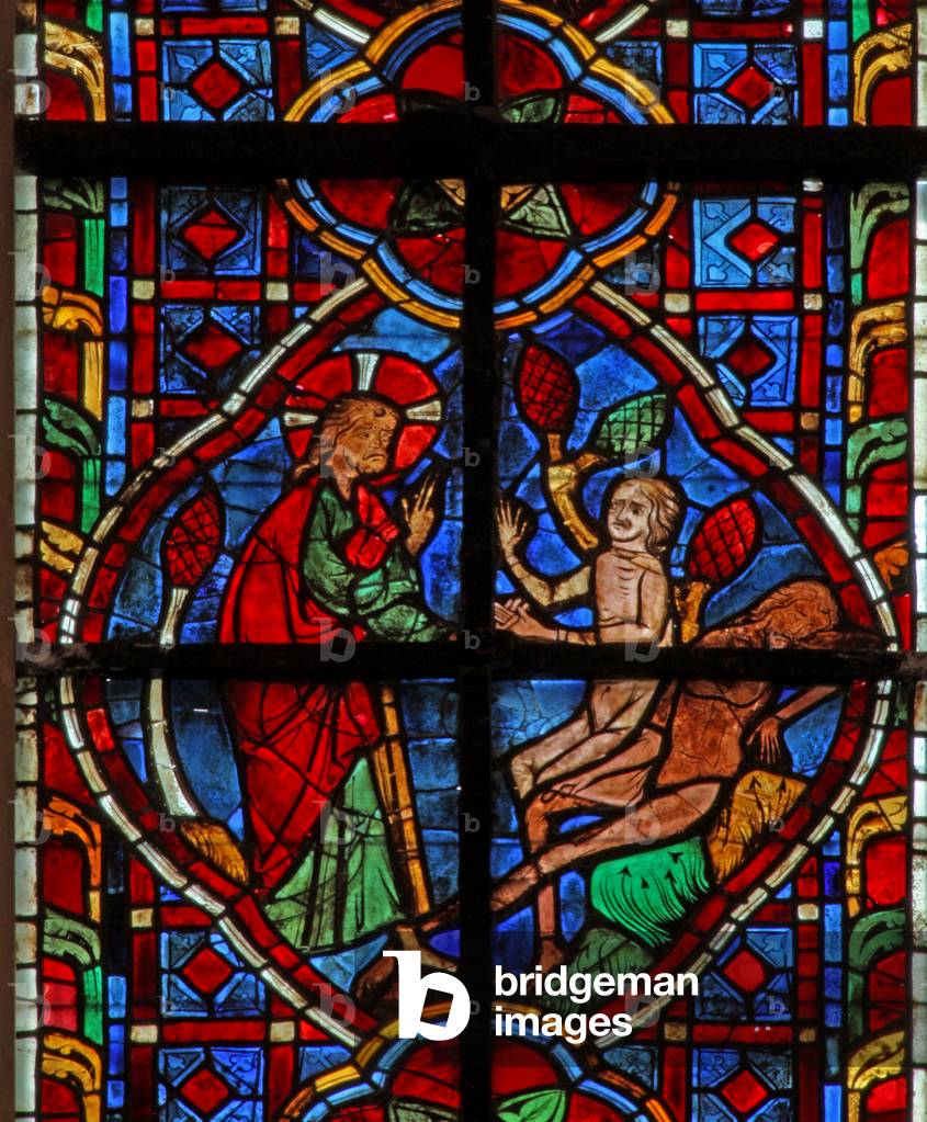 Fenster w207 mit der Darstellung der Schöpfung Adams und Evas (Glasmalerei)