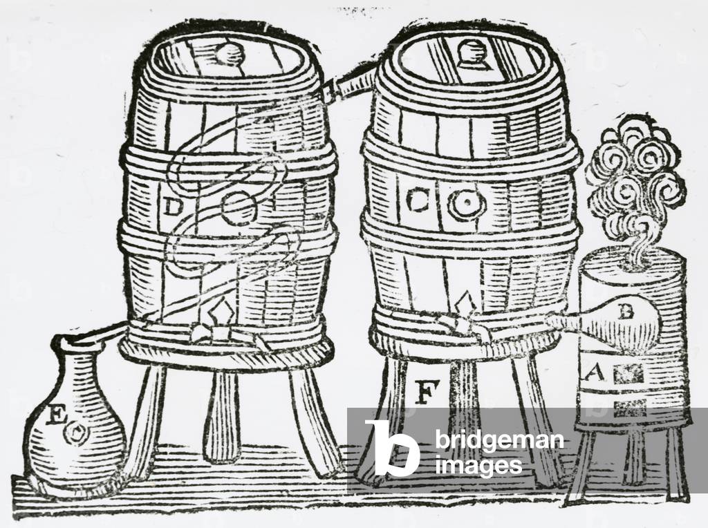 Image of Distillation of alcohol. 19th century (engraving)