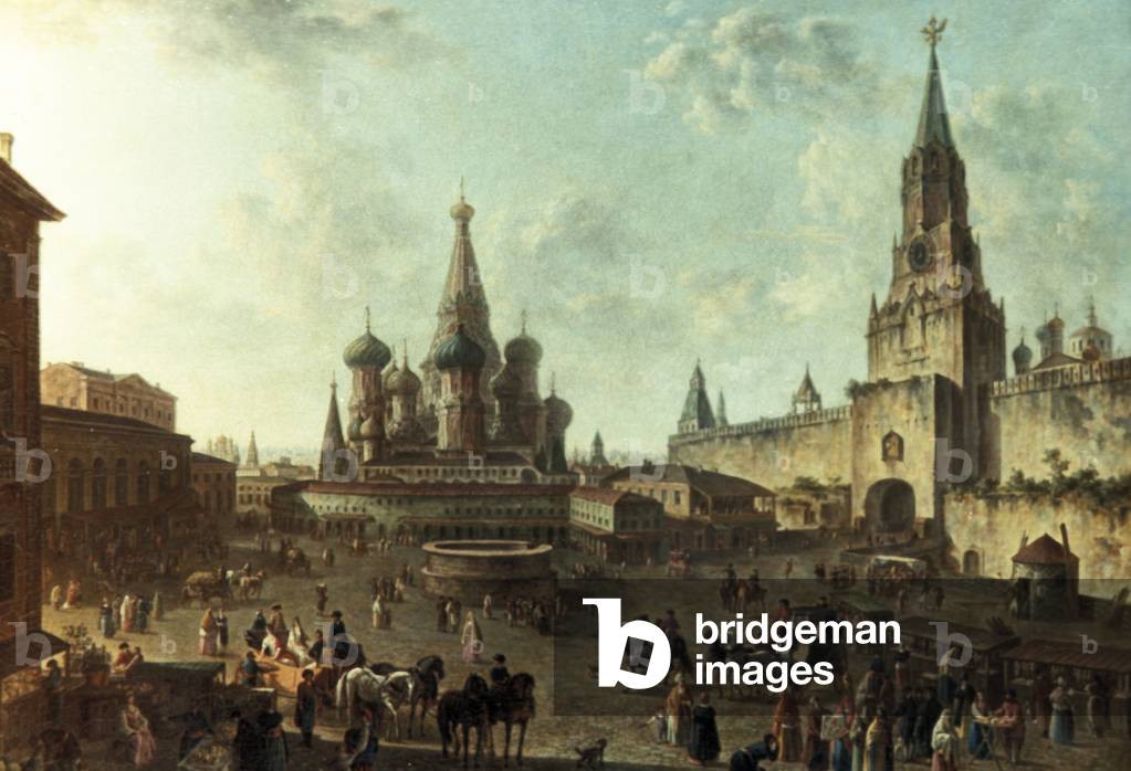 "Ein Ölgemälde des Roten Platzes in Moskau von Fjodor Alexeyev (1801)."