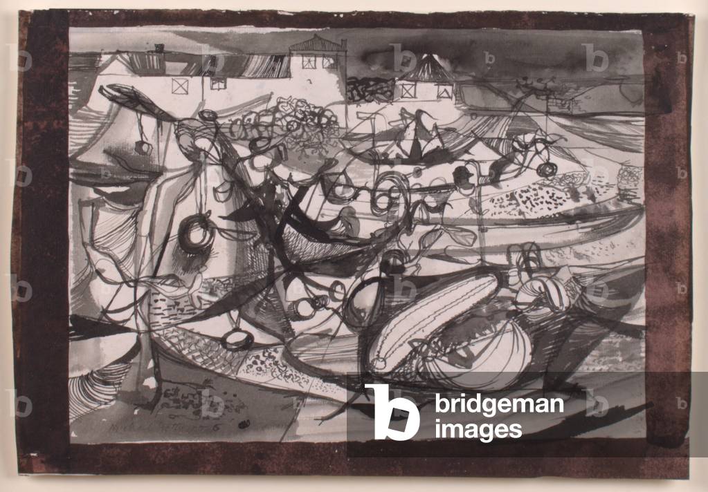 Bild von Zeichnung "landschaft mit gemüse und gebäude (tusche & wäsche auf papier)" von Michael Rothenstein
