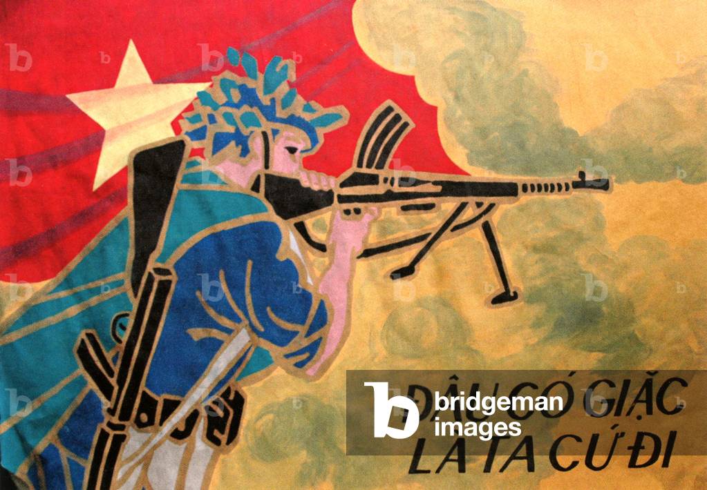 Machine Gunner Poster Image of Vietnam War-A camouflaged vietnamese machine gunner with the ...