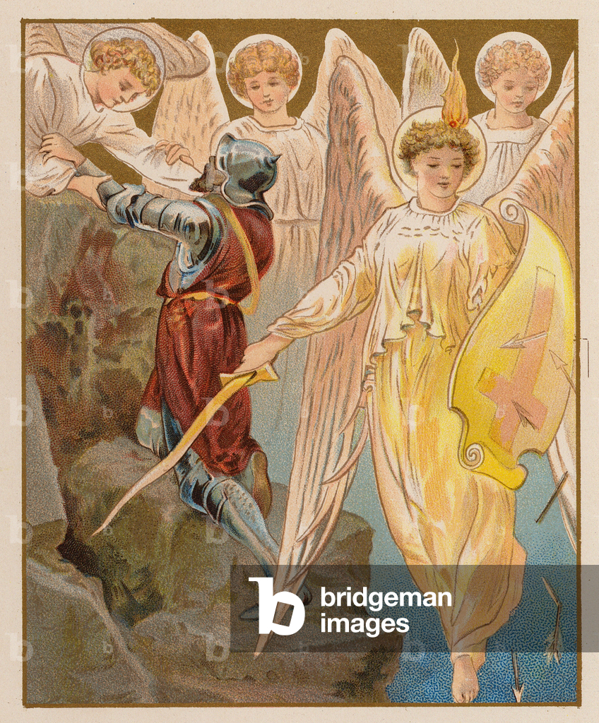 Immagine di Stampa "Cavaliere accolto dagli angeli (cromolito)" 1901 di American School