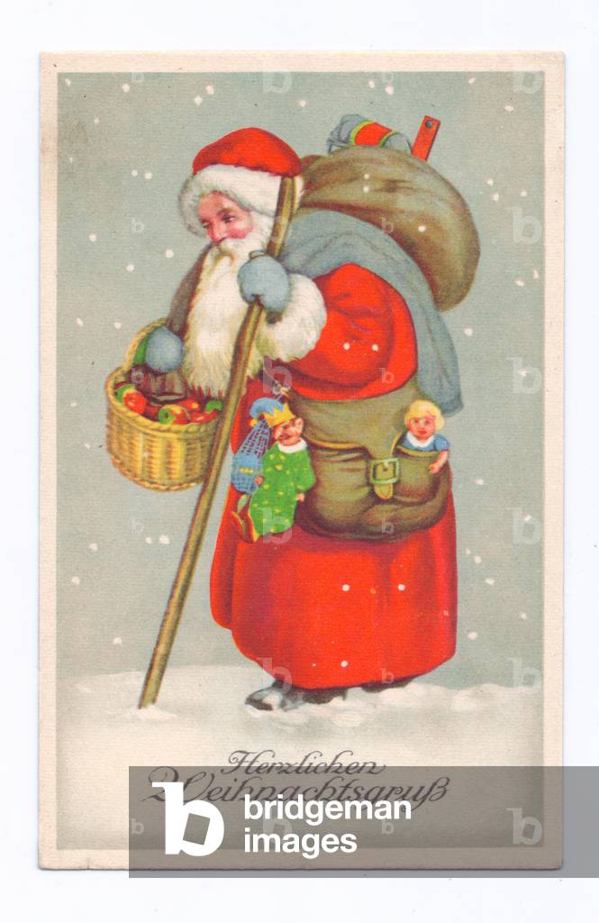 "Cartolina edoardiana di Babbo Natale con un sacco sulla schiena e un cesto di frutta sul braccio che cammina 