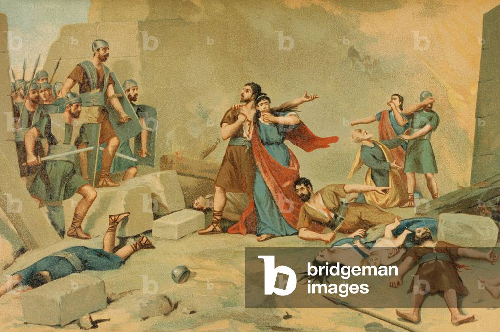 Guerra numantina: assedio di Numanzia da parte delle truppe romane, 133 a.C., 1888 (litografia a colori)