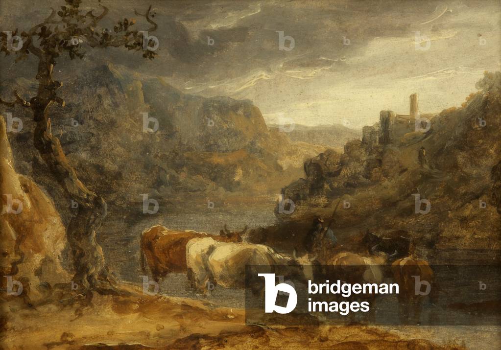 paesaggio con bestiame olio su carta