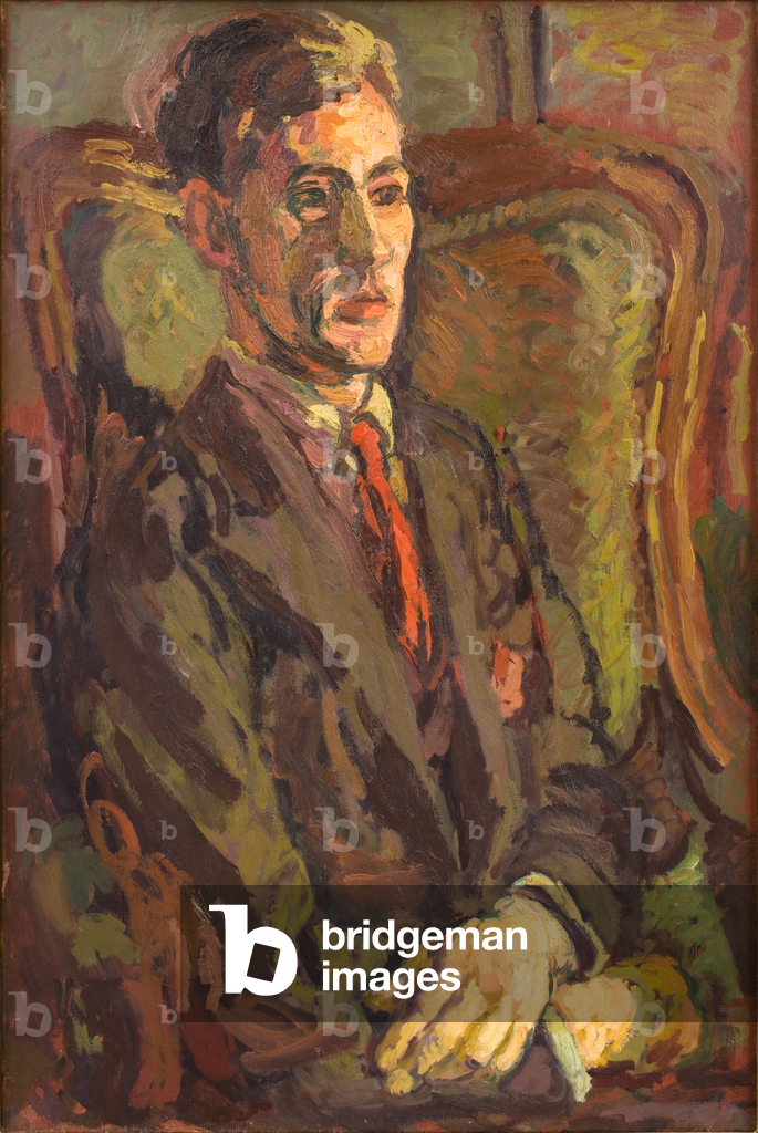 Ritratto di Peter Morris seduto su una sedia ad ala, 1928 circa (olio su tela)