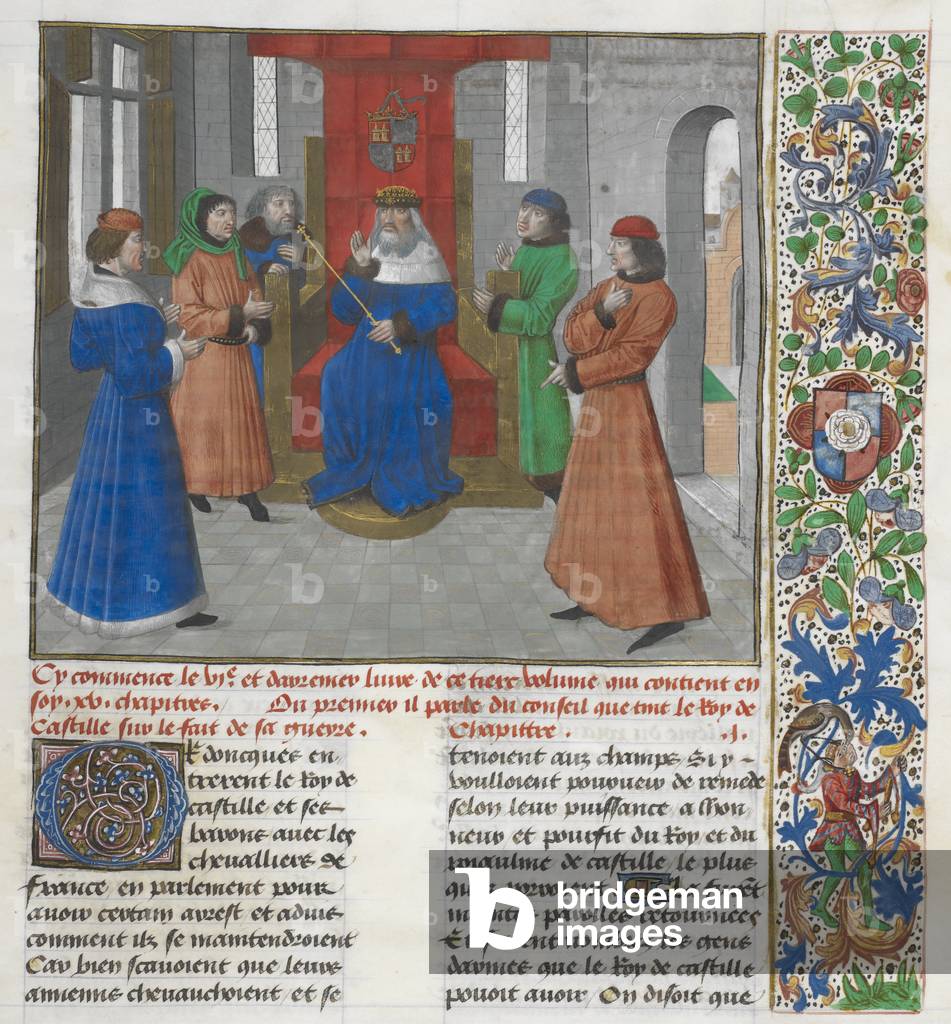 "Der Rat von König Johannes von Kastilien. Courtiers in Anwesenheit. Initialen in Gold auf blauem und rosafarb