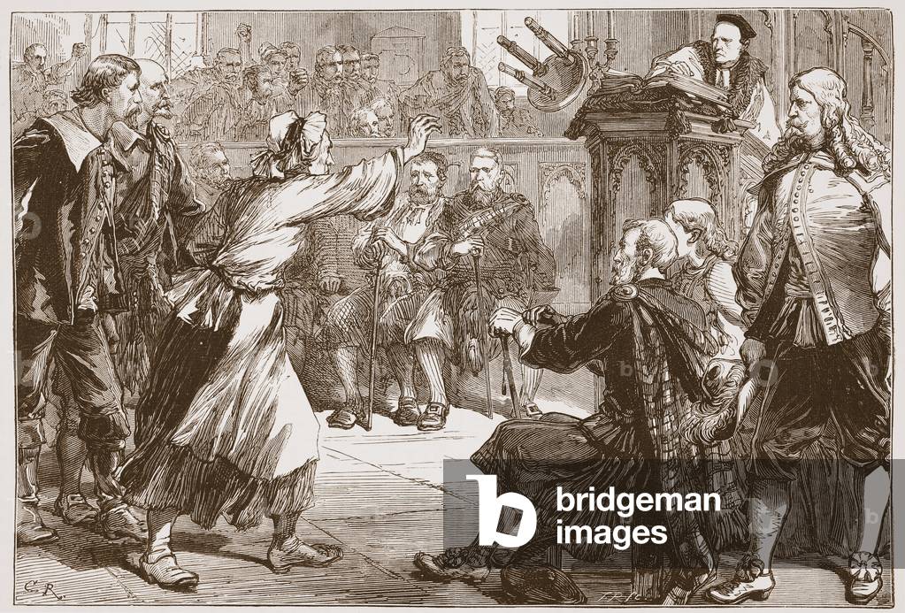 "Janet Geddes lanciando il suo sgabello al decano di Edimburgo" di English School, b/w