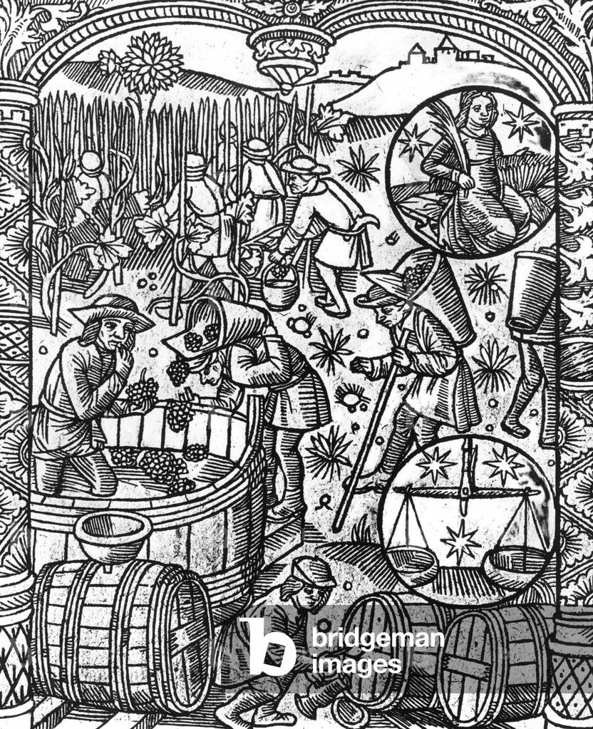 Zodiac signs : Virgo and Libra (september) : months for grape harvest, engraving form the calendar of sheperds