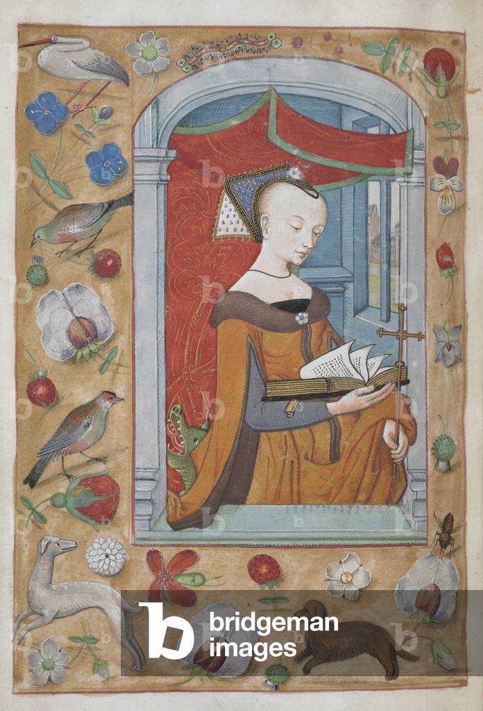 Margaret standing under a canopy holding an open book and a cross, with a dragon's head behind her, and a scat