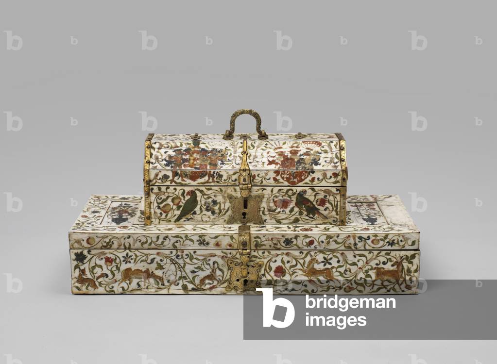 Gemaltes Elfenbein Ehe Sarg, 17. Jahrhundert (bemalte & vergoldete Elfenbein und Knochenplatten auf Holz, mit 