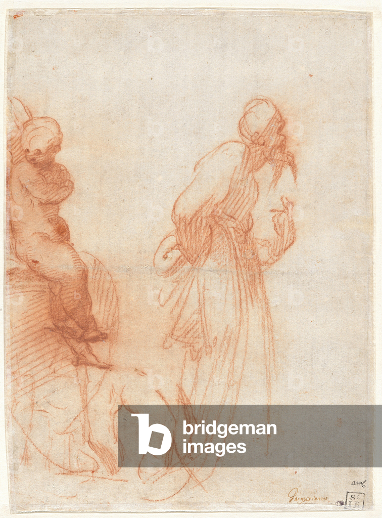 Immagine di Disegno "a) Studi di figure e di una mano (recto); b) Studi di un toro (verso)" 1530 di Giulio Cam