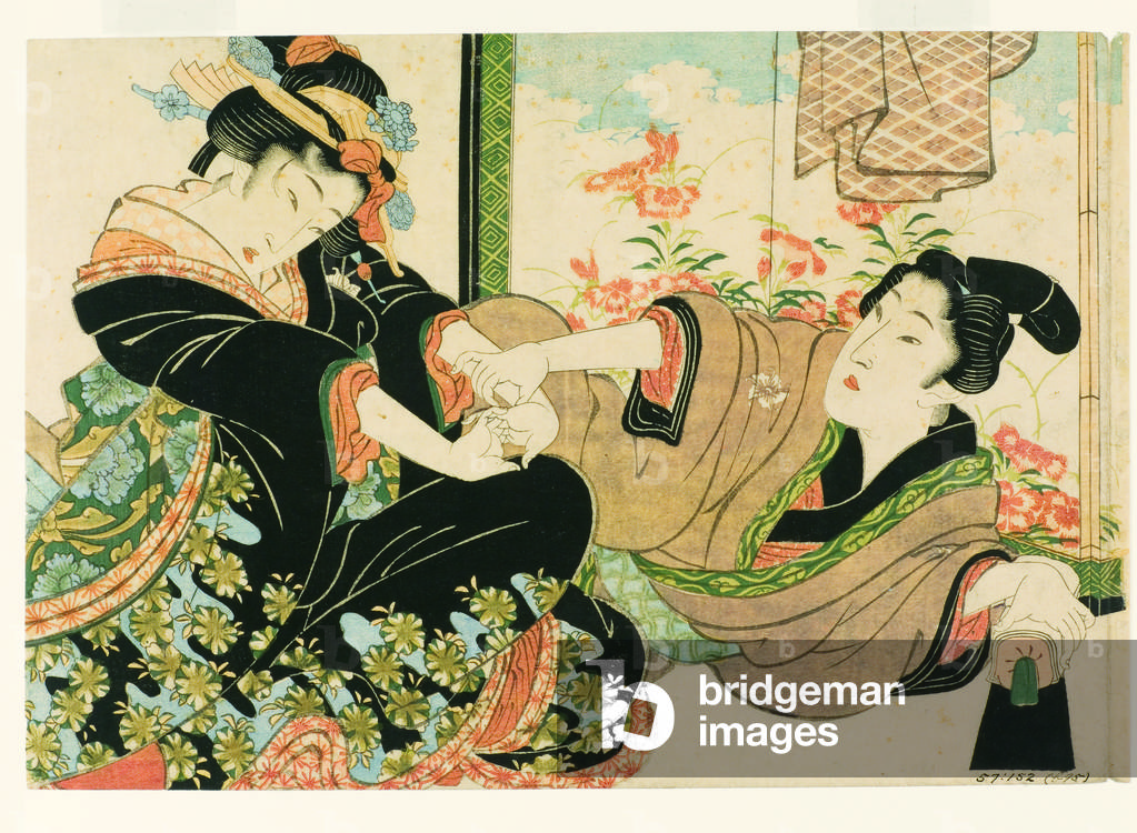 Liebhaber durch einen gemalten Bildschirm, 1815-25 (Holzblock)