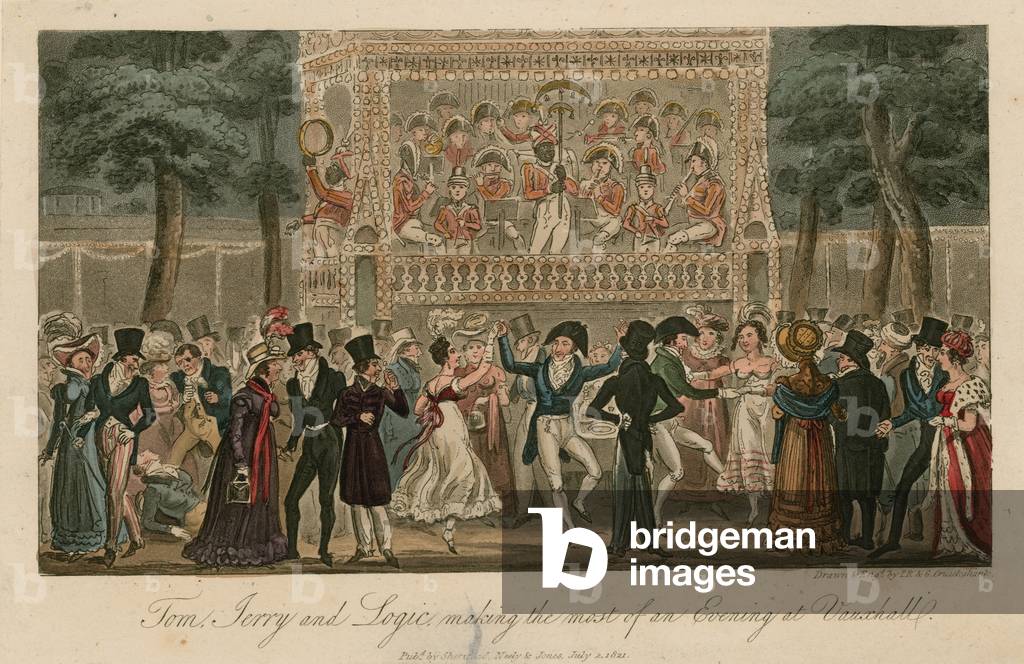 Tom, Jerry e Logic sfruttano al meglio una serata al Vauxhall Gardens di Londra (incisione a colori)