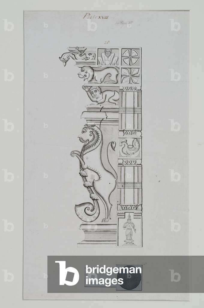 Immagine di Disegno "Colonna scolpita di un leone e altre figure", 1824 di Indian School