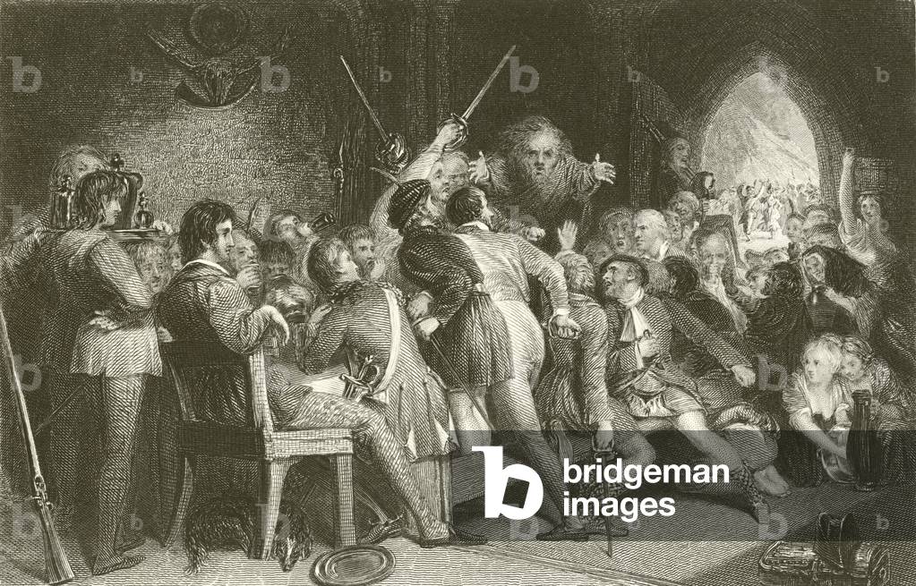 "La Sala di Glennaquoich - Una festa dell'altopiano (incisione)" di English School, b/w