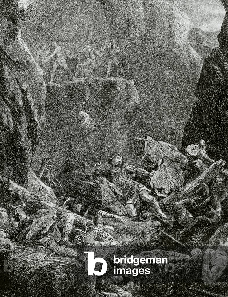 Espagne. Le col de la Bataille de Roncevaux en 778. La mort de Roland et de ses hommes. Gravure