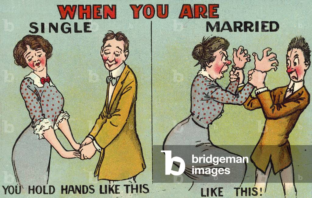 Single vs married couples (colour litho)