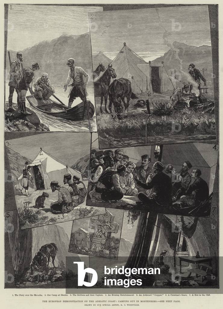 La Démonstration européenne sur la côte Adriatique, camping au Monténégro (gravure)