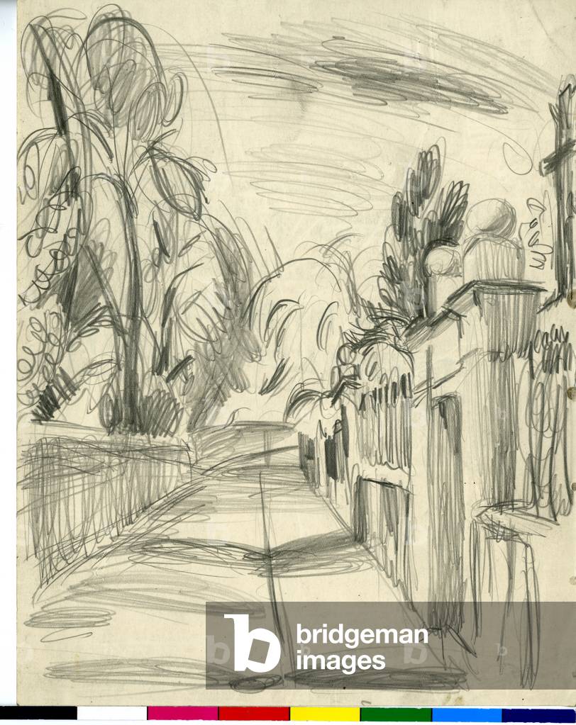 Bild von Zeichnung "Straße mit großem Tor auf der rechten Seite" 1920 von William George Gillies
