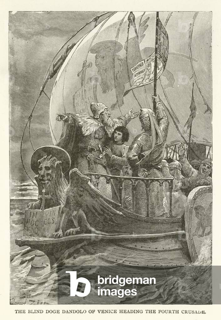 "Il cieco Doge Dandolo di Venezia dirigendo la quarta crociata (incisione)" di American School, b/w