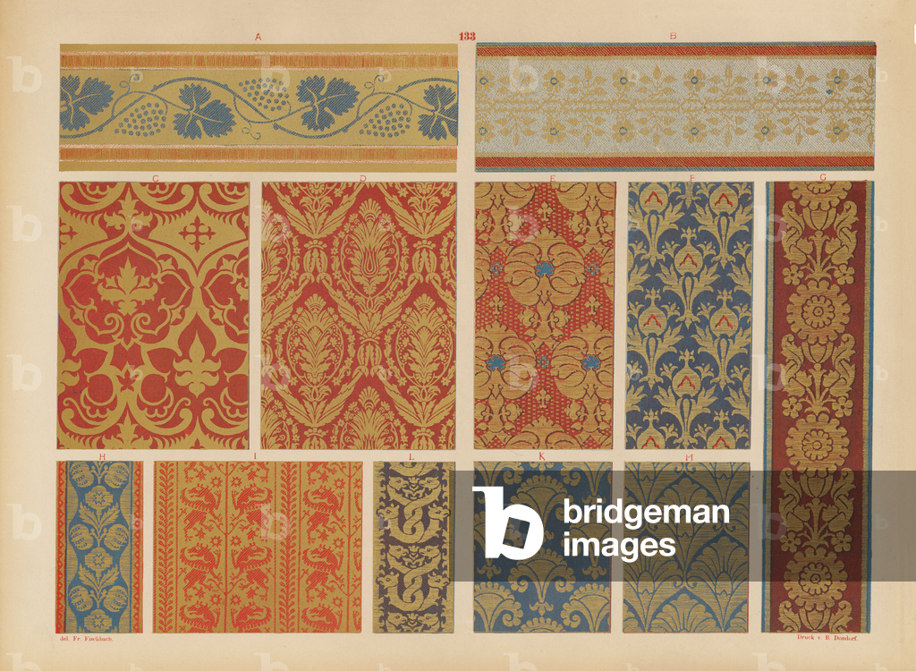 Pagina di Ornamente de Gewebe, 1874 - disegni tessili (litografia a colori)
