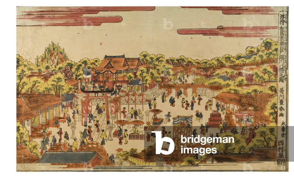 "Immagine prospettica del santuario Hachiman del fiume Fukagawa" 1770 di Utagawa Toyoharu