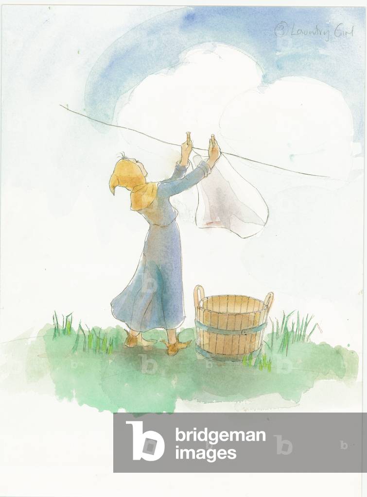 Image of Photography depicting A reconstruction illustration of a medieval girl hanging laundry