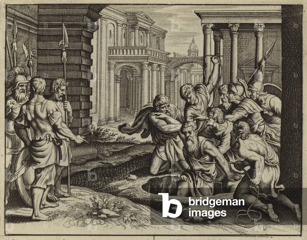 Geremia gettato in una cisterna per aver profetizzato la rovina di Gerusalemme (incisione)