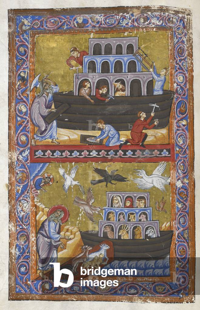 "Noè supervisiona la costruzione dell'arca; Dio dice a Noè di entrare nell'arca con la sua famiglia e gli anim