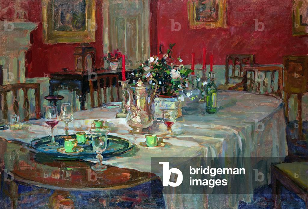 Tavolo da pranzo con brocca d'argento (olio su tela)