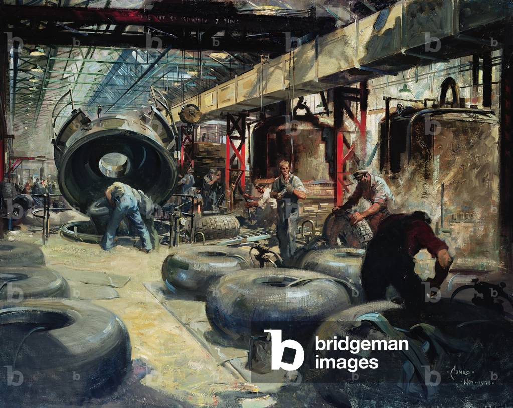 Immagine di Dipinto "Pneumatici da stampaggio per bombardieri Lancaster e Halifax" 1901 di Terence Cuneo