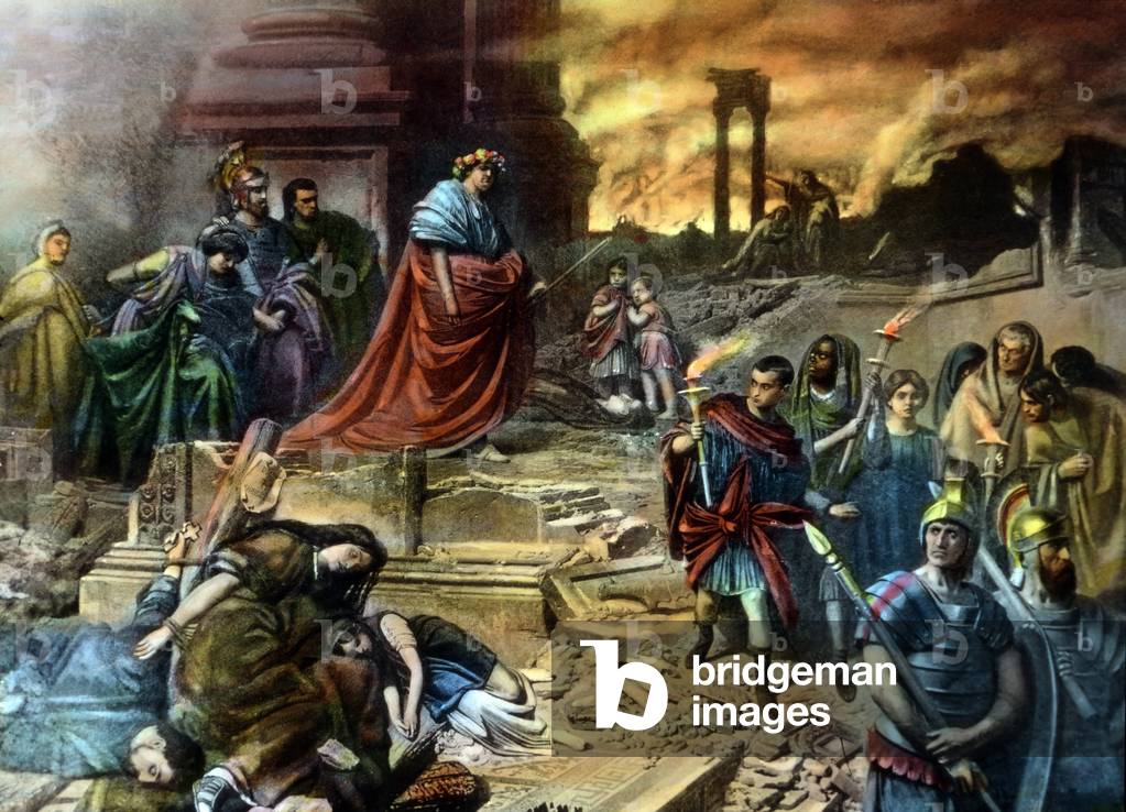 L'imperatore Nerone con la sua corte reale dopo l'incendio di Roma nell'anno 64, pub 1910 (stampa)