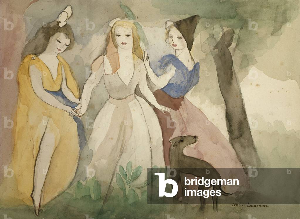 Tre donne e un cane, (acquerello su matita su carta)