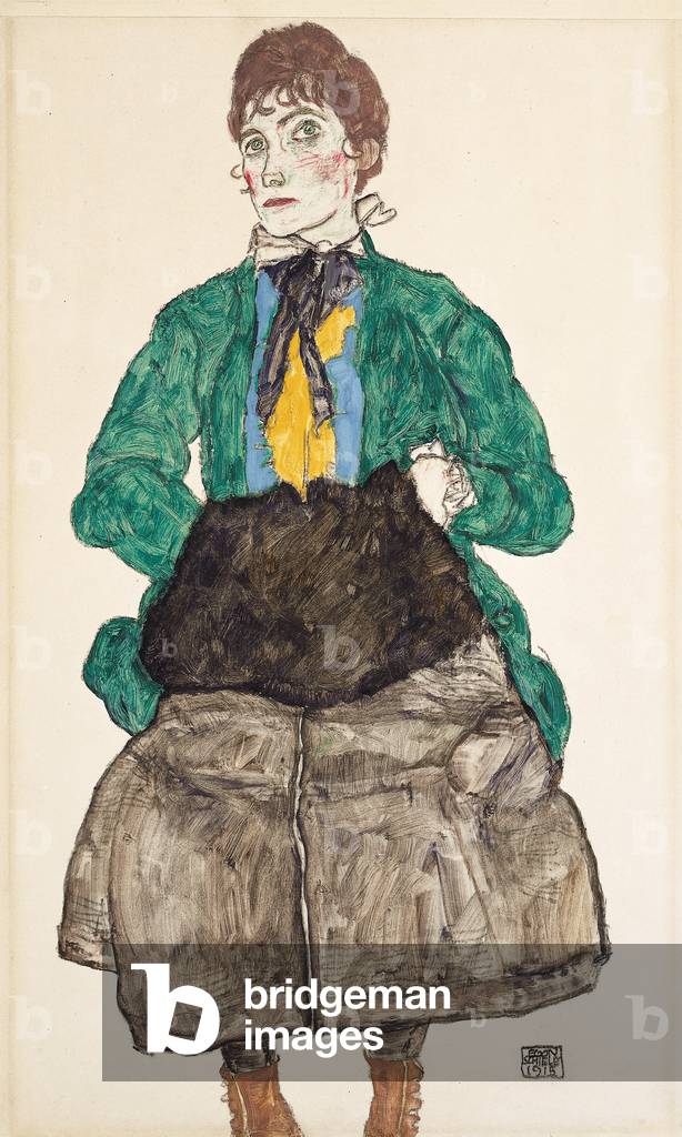 "Donna in camicetta verde con manicotto", 1915 di Egon Schiele