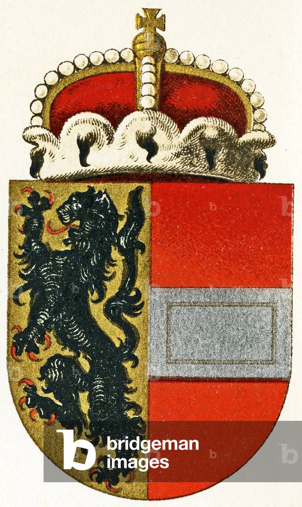 Wappen Salzburgs, auf dem Schild ruht ein Prinzhut, um 1898 (Farblithographie)