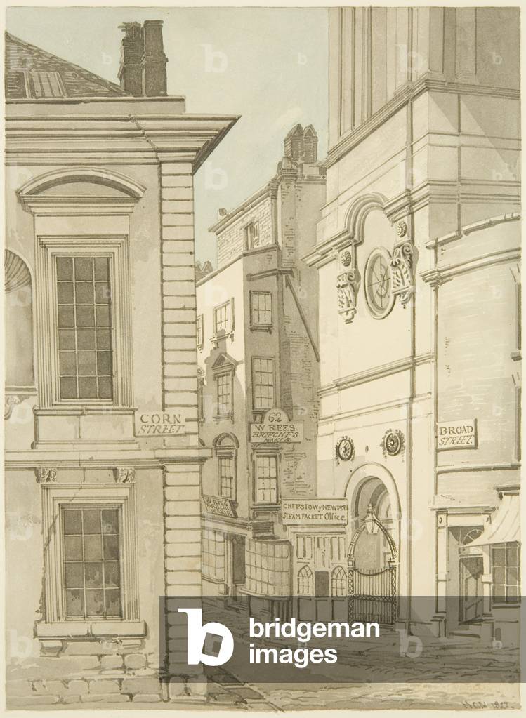 Image of Drawing depicting Entrance to Christ Church with a corner of the Old Council House (pencil & watercol
