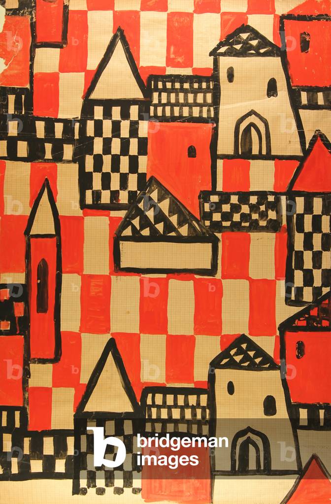 Textile Design - Città medievale russa, 1968 (tempera su carta)