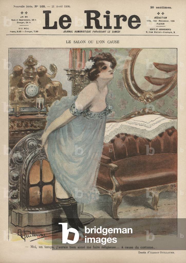 Prima pagina del giornale "Le Rire" del 21 aprile 1906: Il salone dove si parla "Una volta avrei voluto farmi 