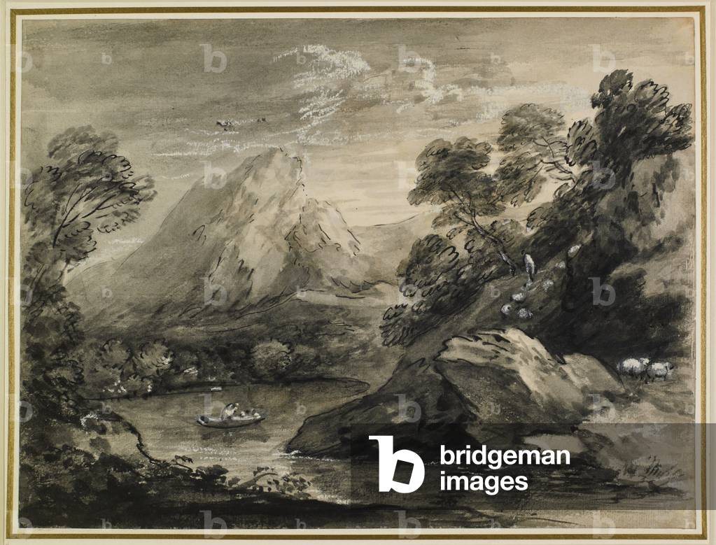 Image de Dessin représentant paysage montagneux avec un bateau sur un lac 1777 par Thomas Gainsborough