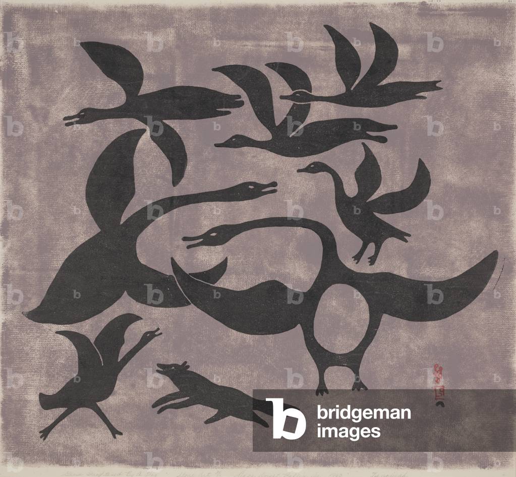 Geese Frightened by a Fox, 1960 (colour stonecut)