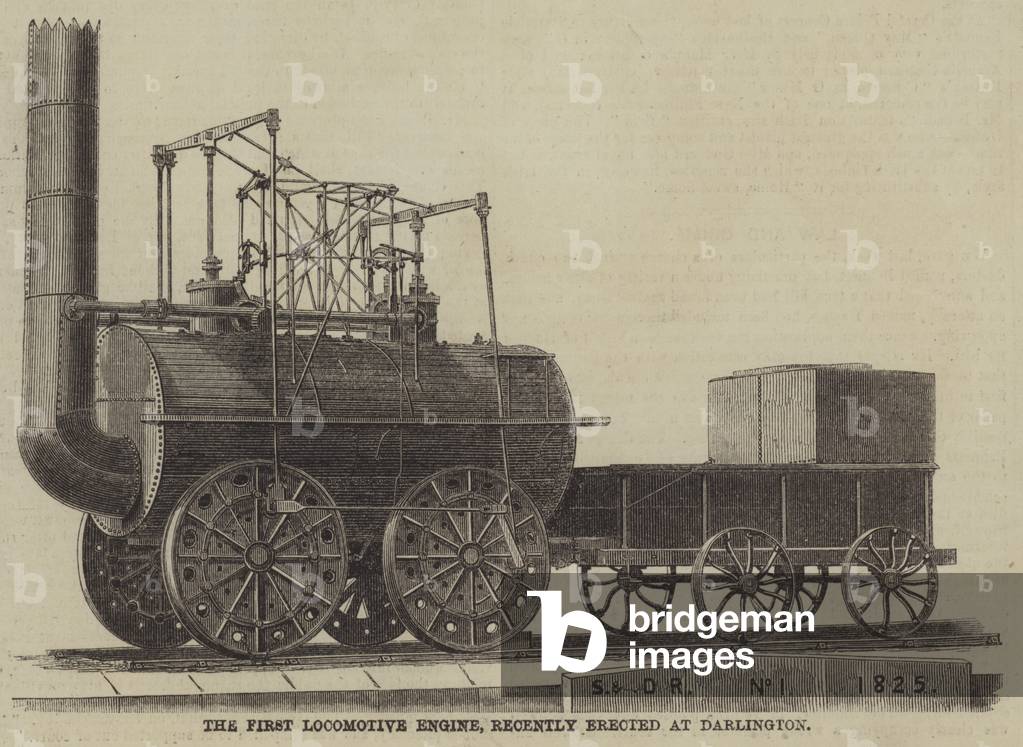 Le premier moteur de locomotive, récemment érigé à Darlington (gravure)