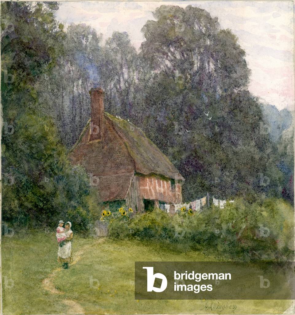 Image of Drawing depicting Cottage with Figures (b/c & w/c on paper)
 by Helen Allingham