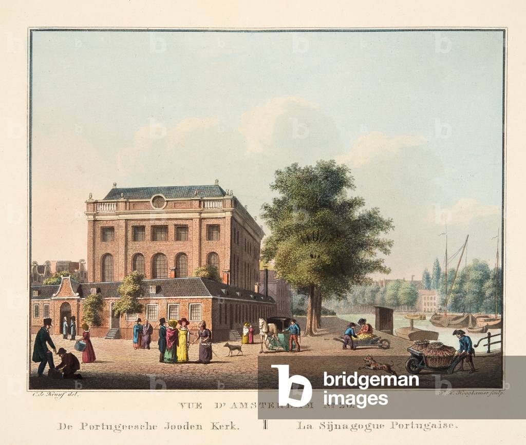 Vue d'Amsterdam n. 26. De Portugeesche Jooden Kerk. La Sijnagogue Portugaise, 1825 (incisione colorata a mano)